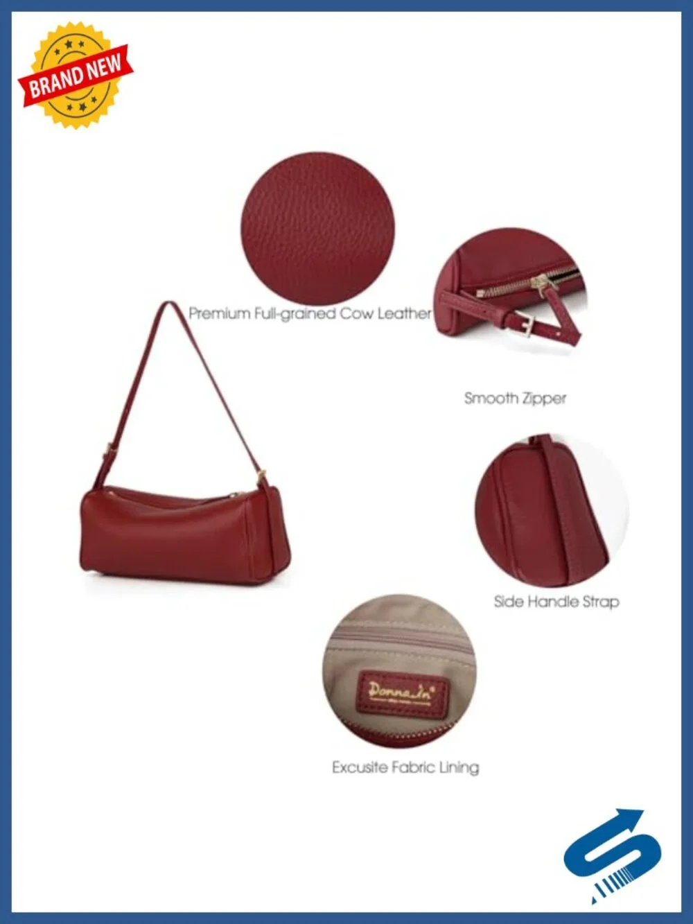 Full Grained Leather Crossbody Hobo Barrel Bag with Adjustable Strap